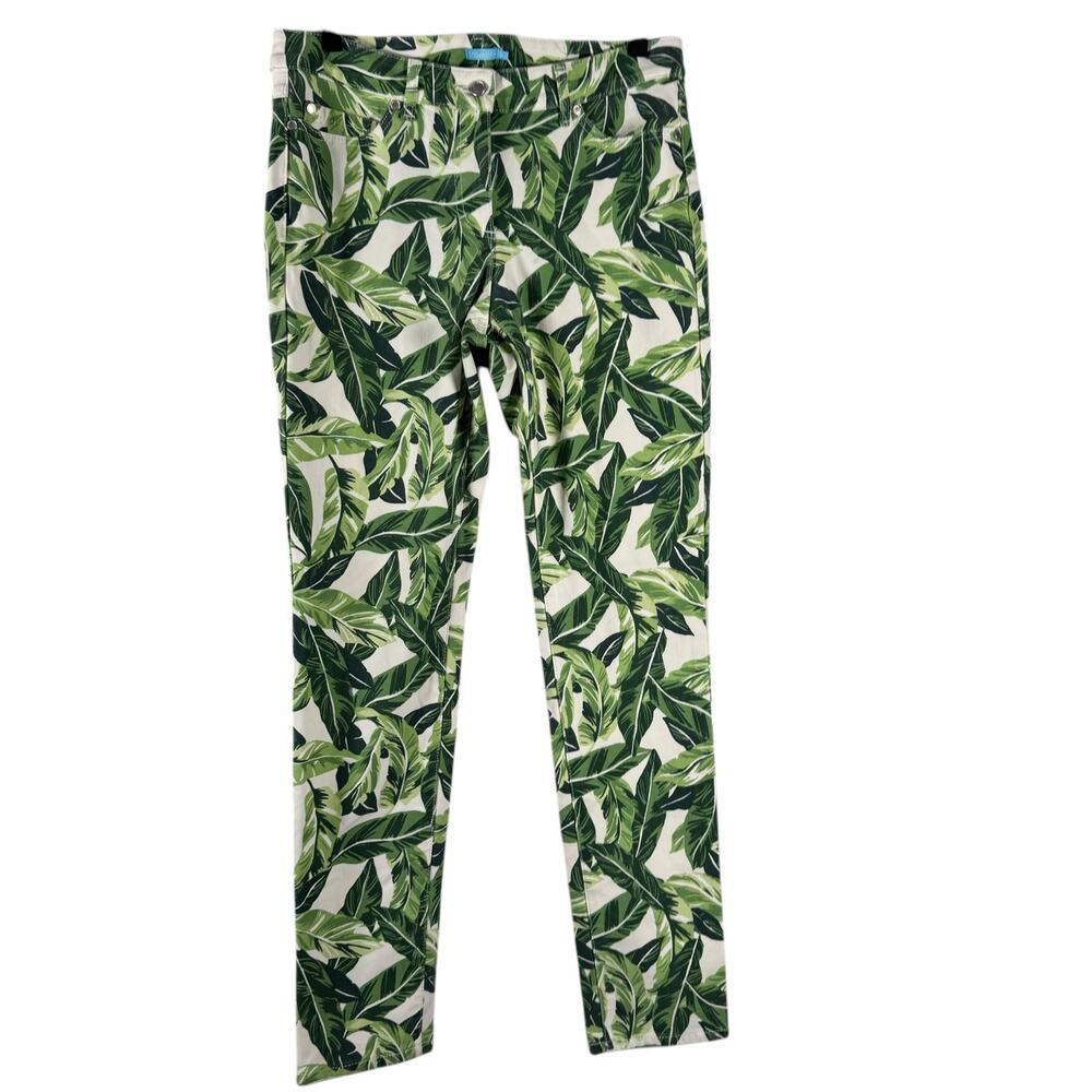 J.McLaughlin Tropical Palm Leaf Straight Pants Green White Stretch Ankle Size 6